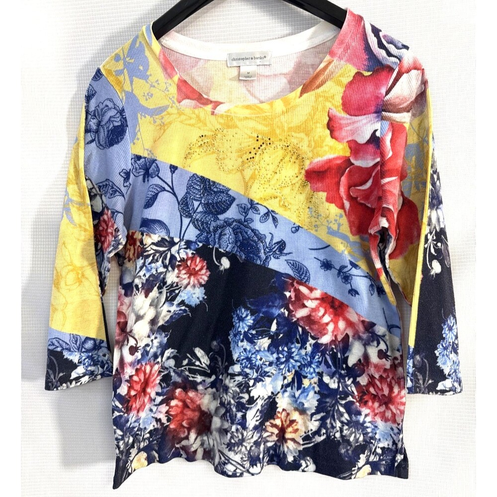 Christopher & Banks Womens Colorful Beaded Floral LS Shirt - M - vibrant stretch